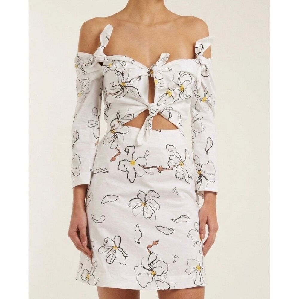Isa Arfen White Floral Print Tie Knot Front Cutout Mini Dress 3/4 Sleeve Small